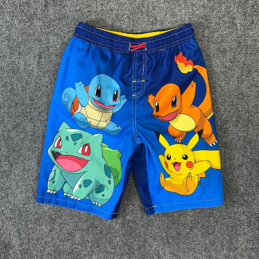 Pokemon Boys Blue Swim Trunks Pikachu Charmander Squirtle Bulbasaur Size 10/12
